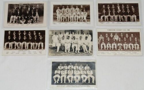 Yorkshire team postcards 1923- c.1951. Six mono real photograph postcards and one mono postcard of Yorkshire teams for the period. Publishers include Fielding, Charles, Gazette, Chas. P. Price etc. Qty 7. G - cricket