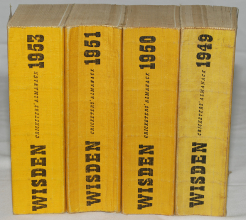 Wisden Cricketers' Almanack 1949, 1950, 1951 and 1953. Original cloth covers. The 1949 edition with minor soiling and wear, the 1950 and 1953 in good/very good condition and the 1951 with some bowing to spine and breaking to front internal hinge otherwise