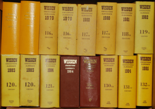Wisden Cricketers' Almanack 1977 to 1985, 1993 to 2002, 2004 to 2007 and 2016. Original hardbacks with dustwrapper, with the exception of the 1977 and 1977 which are rebound editions lacking covers and the 1984 and 1985 editions which are lacking dustwrap