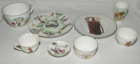Golfing ceramics. Selection of eight various pieces including two plates, small cup, small tray, beaker and two small bowls. Includes two pieces of 'Far &amp; Sure' golf series by Foley. Makers include Foley, Staffordshire, Wedgewood etc. Various sizes - 
