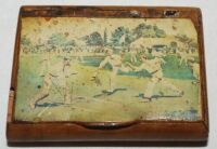 Cricket snuff box. 19th century wooden [maple?] oblong opening snuff box with the lid painted with a cricketing scene of a batsman being run out by a fielder. The box measures 3.25&quot;x 3.5&quot;. Some wear to box with small loss to edge, some wear to t