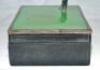Golf cigarette box c.1920s. Original cigarette box with hinged lid with a silver metal figure of a golfer set on a green surface about to putt into a hole set on the front corner of the lid. Overall approx. 6.5&quot;x4.5&quot;x3.5&quot;. Slight staining t - 6
