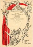 Australian tour of England 1926. Large rare single card menu for the Dinner held on the 1st October 1926 on board the Canadian Pacific 'S.S. Montrose', the ship which took the Australian team from Liverpool on its journey to Quebec. The menu with caricatu