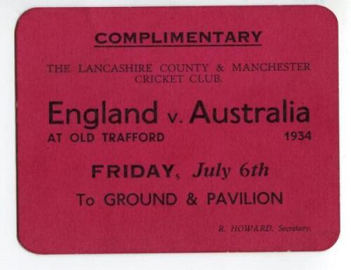 England v Australia 1934. Large rare official 'Complimentary' card match ticket for the 3rd Test match played at Old Trafford, Manchester on Friday 6th July 1934. G/VG - cricket<br><br>The match was drawn, McCabe top scored for the Australians with 137, H