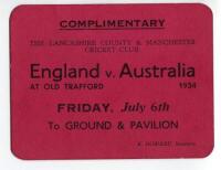 England v Australia 1934. Large rare official 'Complimentary' card match ticket for the 3rd Test match played at Old Trafford, Manchester on Friday 6th July 1934. G/VG - cricket<br><br>The match was drawn, McCabe top scored for the Australians with 137, H
