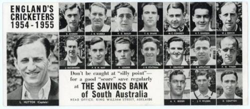 England tour of Australia 1954-1955. The Savings Bank of South Australia advertising ink blotter, unused. To one side is a pink ink blotter, to face printed pictures of the 'English Cricketers 1954-1955- Don't be caught at &quot;Silly Point&quot;- for a g