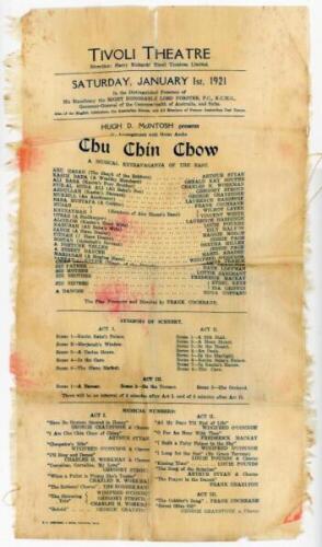 M.C.C. tour to Australia 1920/21. Original commemorative silk theatre handbill for the production of 'Chu Chin Chow' at the Tivoli Theatre, Melbourne, Saturday 1st January 1921, attended by the Australian and English cricketers on the evening following th