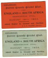 England v South Africa, The Kennington Oval 1924. Pair of rare official 'complimentary' match tickets for the second day and third days play in the Test played on the 18th and 19th August 1924. The second day ticket in green and the third day in red, bot