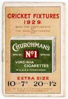Churchman's cigarettes. 'Cricket Fixtures 1929'. Small 16pp booklet with decorative colour wrappers comprising fixtures for the County Championship and South African tour 1929, and colour illustrations of County caps and emblems. Tape repair to split spin