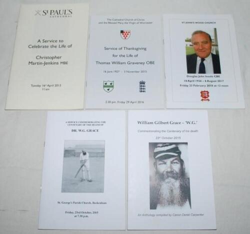Cricket orders of service. Three original orders of service of thanksgiving. Christopher Martin-Jenkins, St. Paul's Cathedral, 16th April 2013. Tom Graveney, Worcester Cathedral, 29th April 2016. Doug Insole, St. John's Wood, 23rd February 2018. Also an o
