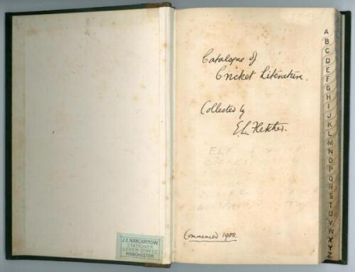 'Catalogue of Cricket Literature Collected by E.L. Fletcher'. An alphabetically indexed book listing Fletcher's collection, written in his own hand in different coloured inks, with title annotated in ink to first page and 'Commenced 1900'. Original green 