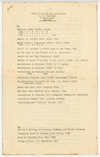 C.I.S. Wallace Catalogue of Cricket Literature. Catalogue listing the 1,580 titles comprising Wallace's collection, written in ink in his own neat hand. On the title page Wallace has written in ink '1946', which has been replaced with '1950' and again in 