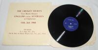 'The Cricket Society. Test Match Dinner England v Australia at Edgbaston 13th July 1968'. Official 33rpm record in original sleeve, of the speakers H.A. Judge and Sir Robert Menzies. Some wear to sleeve, the record appears to be in very good condition - c