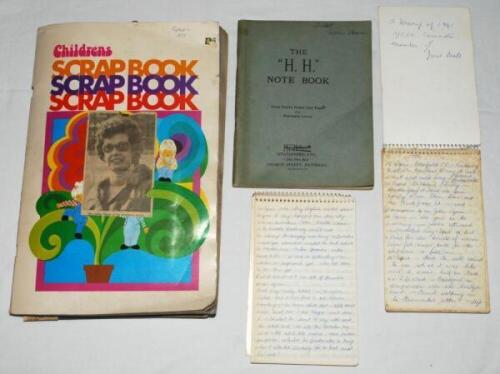 Mollie Staines. Yorkshire C.C.C. 1940s-1990s. A scrapbook, exercise book and two notebook diaries collected and written by Mollie Staines, the first lady member of the Yorkshire C.C.C. committee. The large scrapbook, dated to the front April 1977, compris