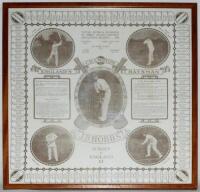 'Jack Hobbs, Surrey &amp; England XI. England's Champion Batsman' handkerchief produced in 1922. Images of Hobbs with title to centre with listing of hundreds scored to border. Light staining and slight fading otherwise in good condition. 16&quot;x16&quot