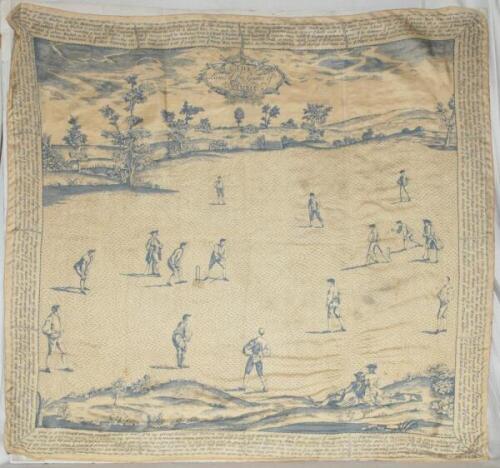 'The Laws of the Game of Cricket c1744'. Large silk handkerchief with printed image of Hayman's 'Cricket in Marylebone Fields' to centre. 'Jos. Ware, Cranford Kent to lower border. Originally printed by Joseph Ware of Cranford, Kent, the handkerchief meas