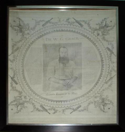 'W.G. Grace. Champion Cricketer of the World'. Large cotton handkerchief commemorating a Century of Centuries by Grace. The handkerchief has a central portrait of Grace three quarter length in cricket attire holding a cricket bat, with biography and recor