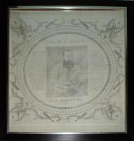 'W.G. Grace. Champion Cricketer of the World'. Large cotton handkerchief commemorating a Century of Centuries by Grace. The handkerchief has a central portrait of Grace three quarter length in cricket attire holding a cricket bat, with biography and recor