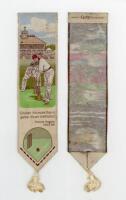 W.G. Grace. Silk bookmark with image of Grace batting with wicketkeeper and pavilion to background. 'Cricket- It's more than a game - it's an institution'. 'Thomas Hughes 1822-1896' beneath. Made by 'Cash's of Coventry' to verso. G/VG - cricket
