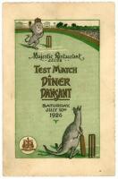 Australian tour of England 1926. Rare official menu for the 'Test Match Diner Dansant' held at the Majestic Restaurant, Leeds, 10th July 1926. The front cover with colour illustration of a lion bowling to a kangaroo, printed menu to inside. Signed in penc