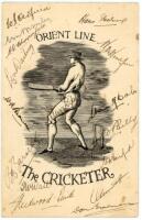 Australia 1934. 'The Cricketer'. Official Orient Line dinner menu for the 'S.S. Orontes' which took the victorious Australian home to Australia having won the Ashes in 1934. The menu dated '29th October 193[4]' features an exquisite engraving to the front