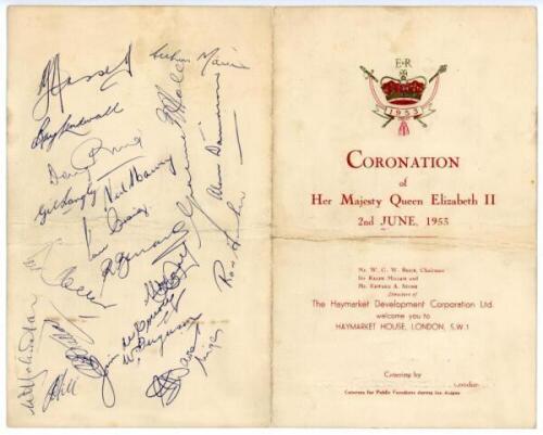 Australian tour to England 1953 'Coronation Tour'. Official menu for a function given by The Haymarket Development Corporation at Haymarket House, London, 2nd June 1953, the day of the Queen's coronation. The folding menu fully signed in ink to the back p