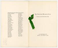 'The Cricketer Magazine Club, formerly The Playfair Club'. Official menu for the Dinner held on the 21st November 1973 at the Royal Air Force Club. Four page menu with green ribbon tie to edge. The menu signed to inside pages by all five guest speakers pl