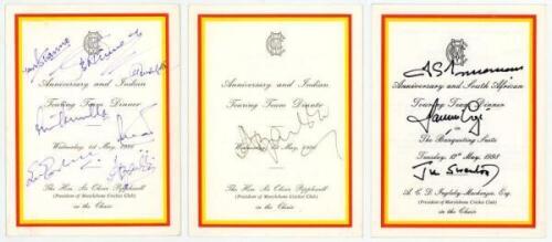 Signed M.C.C. menus. Three official menus for dinners held at Lord's. Two copies of the 'Anniversary and Indian Touring Team Dinner', 1st May 1996, one with seven signatures in ink to the front of Azharuddin (Captain), Tendulkar, Kumble etc., the other si