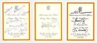 Signed M.C.C. menus. Three official menus for dinners held at Lord's. Two copies of the 'Anniversary and Indian Touring Team Dinner', 1st May 1996, one with seven signatures in ink to the front of Azharuddin (Captain), Tendulkar, Kumble etc., the other si