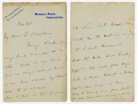 Lord Martin Bladen Hawke, Yorkshire &amp; England 1881-1911. A two page handwritten letter in ink from Lord Hawke, who was Captain of Yorkshire for many years, to Shirley Slocombe, the (male) artist who was commissioned in 1903 to paint Hawke's portrait. 