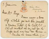 Gilbert Laird Jessop, Gloucestershire &amp; England 1894-1914. Handwritten official Gloucestershire C.C.C. postcard with gilt edge from Gilbert Jessop to Mr Furge, dated '7th June'. 'I came across a loose slip in which you asked to be forwarded a Members 