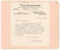 Pelham Francis Warner. Oxford University, Middlesex &amp; England 1894-1920. Small single page typed letter from Warner on 'The Cricketer' letterhead. The letter to Mr. Parkins is dated 6th January 1925. Warner is replying to a request for his autograph a