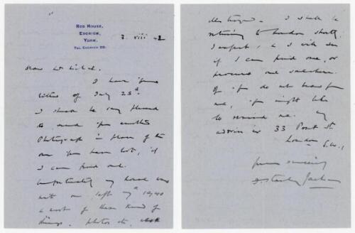 Frank Stanley Jackson. Yorkshire, Cambridge University &amp; England 1890-1907. Two page letter in ink in Jackson's spidery hand, dated 3rd August 1942, with original envelope. Writing from York, Jackson is replying to a request for a photograph, which he