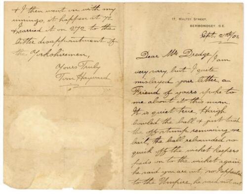 Thomas Walter 'Tom' Hayward. Surrey &amp; England 1893-1914. Two page letter written in ink in Hayward's own neat hand with good cricket content, dated 21st September 1902. Writing from Bermondsey to a 'Mr Dredge', Hayward apologises for mislaying his let