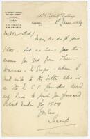 Henry Dudley Gresham 'Shrimp' Leveson Gower. Oxford University, Surrey &amp; England 1893-1920. Single page handwritten letter in ink on Copthall Buildings letterhead, dated 11th January 1909, to 'My dear Hick[?]'. It appears that the correspondent is ask