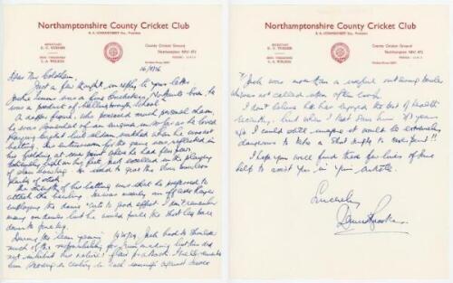 Dennis Brookes. Northamptonshire &amp; England 1934-1959. Two page handwritten letter in ink from Brookes to 'Mr. Coldham'. The letter, written on Northamptonshire C.C.C. official letterhead and dated 16th August 1976', Brookes is replying to a request fo