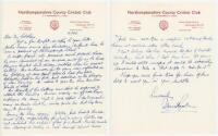 Dennis Brookes. Northamptonshire &amp; England 1934-1959. Two page handwritten letter in ink from Brookes to 'Mr. Coldham'. The letter, written on Northamptonshire C.C.C. official letterhead and dated 16th August 1976', Brookes is replying to a request fo