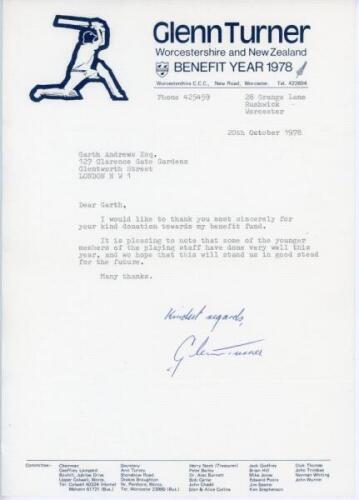 Glenn Maitland Turner. Worcestershire, Northern Districts, Otago &amp; New Zealand 1964-1983. Single page typed letter on 'Glenn Turner, Worcestershire and New Zealand, Benefit Year 1978' official letterhead. Dated 20th October 1978, Turner is writing in 