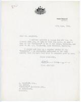 Robert Menzies. Prime Minister of Australia 1939-1941. Single page typed letter on 'Prime Minister' official letterhead dated 17th June 1952 from Menzies to Arthur Langford of 'The Cricketer' magazine. Menzies is enclosing a cheque to cover the cost of a 