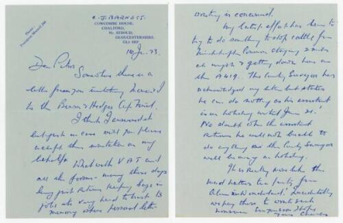 Charles John Barnett. Gloucestershire &amp; England 1927-1948. Two page handwritten letter dated 16th June 1973 from Barnett to 'Dear Peter'. Barnett apologises for not replying sooner as, 'it's very hard to trust to memory where personal letter writing i