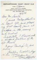 Dennis Brookes. Northamptonshire &amp; England 1934-1959. Single pages handwritten letter in ink on Northamptonshire C.C.C. letterhead, dated 19th April 1956. Writing to 'Mr. Savill', Brookes states that he joined Northamptonshire in April 1933 and played