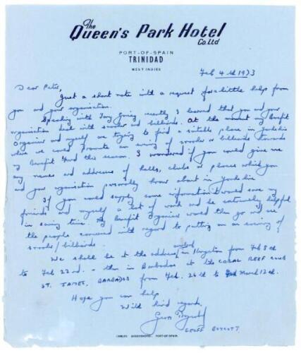 Geoffrey Boycott. Yorkshire &amp; England 1964-1982. Single page handwritten aerogramme letter with 'The Queen's Park Hotel Trinidad' letterhead, from Boycott to Peter West dated 4th February 1973. Writing while on the M.C.C. tour to West Indies, Boycott 