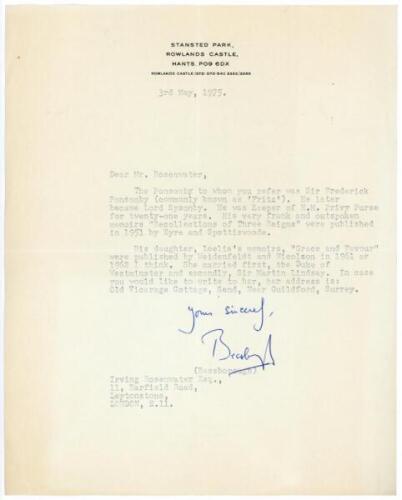 Frederick Ponsonby, 12th Earl of Bessborough. Single page typed letter on Stansted Park, Hampshire, letterhead, dated 3rd May 1975. Bessborough is replying an enquiry from the cricket writer and historian, Irving Rosenwater, about members of the Ponsonby 