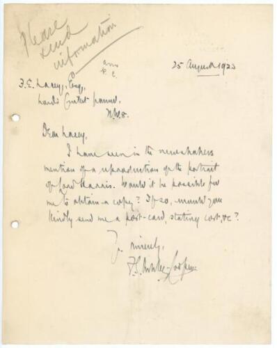 F.S. Ashley-Cooper. Cricket writer, collector and historian. Single page handwritten letter in ink dated 25th August 1923. Writing to F.E. Lacey, Secretary of M.C.C. at Lord's, Ashley-Cooper is enquiring about obtaining a copy of a reproduction of the por