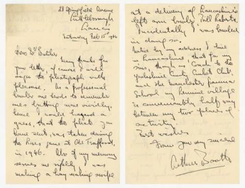 Arthur Booth. Yorkshire 1931-1947. Two page handwritten letter to 'Mr. Butcher', dated 15th February 1964. Booth is writing in reply to a request to sign a photograph of Booth batting for Yorkshire in the Roses match v Lancashire at Old Trafford in 1946, 
