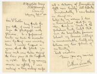 Arthur Booth. Yorkshire 1931-1947. Two page handwritten letter to 'Mr. Butcher', dated 15th February 1964. Booth is writing in reply to a request to sign a photograph of Booth batting for Yorkshire in the Roses match v Lancashire at Old Trafford in 1946, 