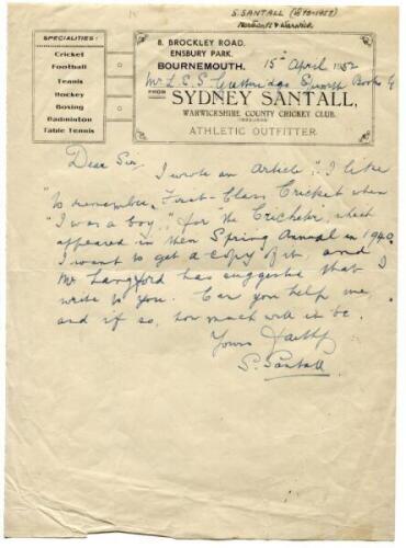 Sydney Santall. Warwickshire &amp; London County 1894-1914. Single page handwritten letter in ink on 'Sydney Santall Athletic Outfitter, Bournemouth' letterhead, dated 15th April 1952. In the letter to Leslie Gutteridge of Epworth Books, Santall states, '