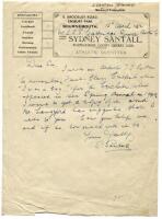 Sydney Santall. Warwickshire &amp; London County 1894-1914. Single page handwritten letter in ink on 'Sydney Santall Athletic Outfitter, Bournemouth' letterhead, dated 15th April 1952. In the letter to Leslie Gutteridge of Epworth Books, Santall states, '