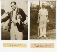 England Test players. Four excellent ink signatures of Donald Knight, Surrey, Vallance Jupp, Sussex &amp; Northamptonshire, Stan Nicholls, Essex, and Maurice Turnbull, Glamorgan, each on piece laid down to slightly larger white card. Sold with sepia copy 