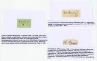 Cricket signatures. Three good individual signatures in ink on piece, each individually laid to white card. Signatures are Frederick William Mathias (Glamorgan 1922-1930), Herbert Dickinson 'Dickie' Burrough (Somerset 1927-1947), and Arnold Hamer (Yorkshi